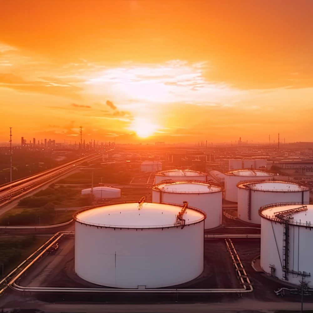 Aerial top view of factory station, oil fuel storage tank, petroleum refinery, manufactory, industrial process plant oil refinery for energy with Generative AI.